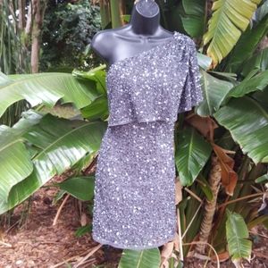 AidanMattox  silver sequin assymetric dress